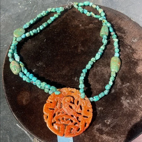 Handcrafted Turquoise and Orange Pendant Necklace - Picture 5 of 11